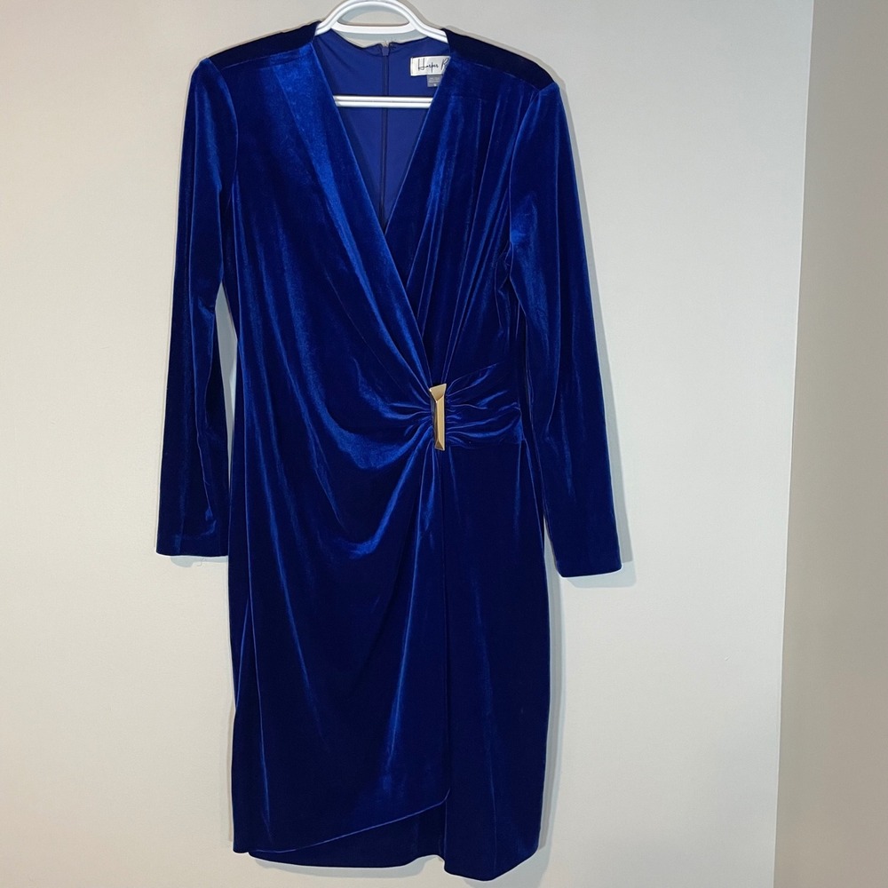 Harper Rose Womens Royal Blue Velvet Faux Wrap Dress Gold Hardware Size 12 Glam